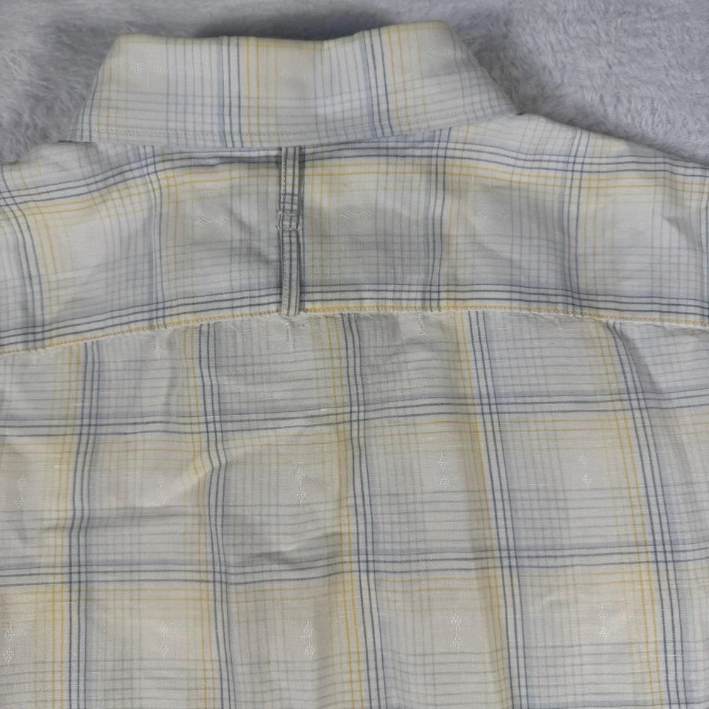 Banana Republic Button Down‎ Shirt Mens L White Yellow Plaid Linen Cotton Blend